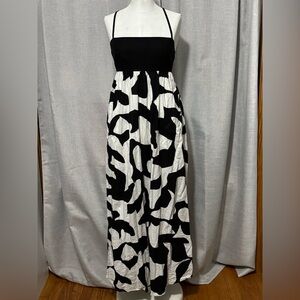A & F Cotton Linen Maxi Dress-Black/White-Sz xs-Fitted Bodice-Pockets-ZipUp Back
